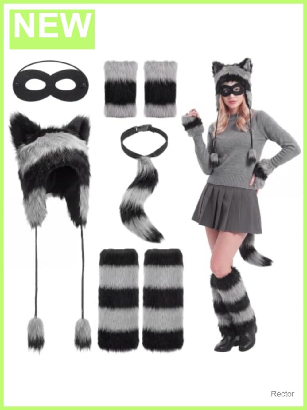 Raccoon Costume Accessory Set Hat Tail Mask Gloves Leg Warmers
